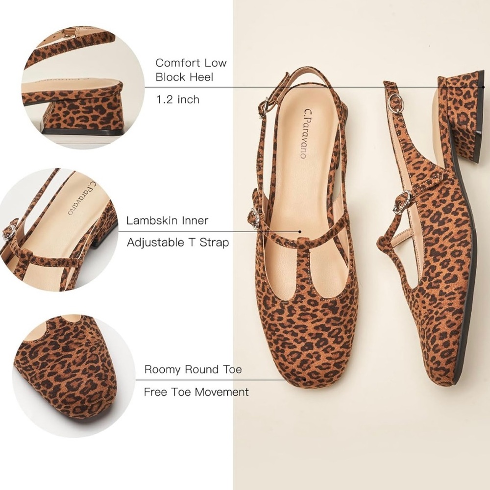C. Paravano Square Toe Slingback Flats Leopard Print Mary Jane Sz#EU38.5 US#8 - Picture 2 of 12